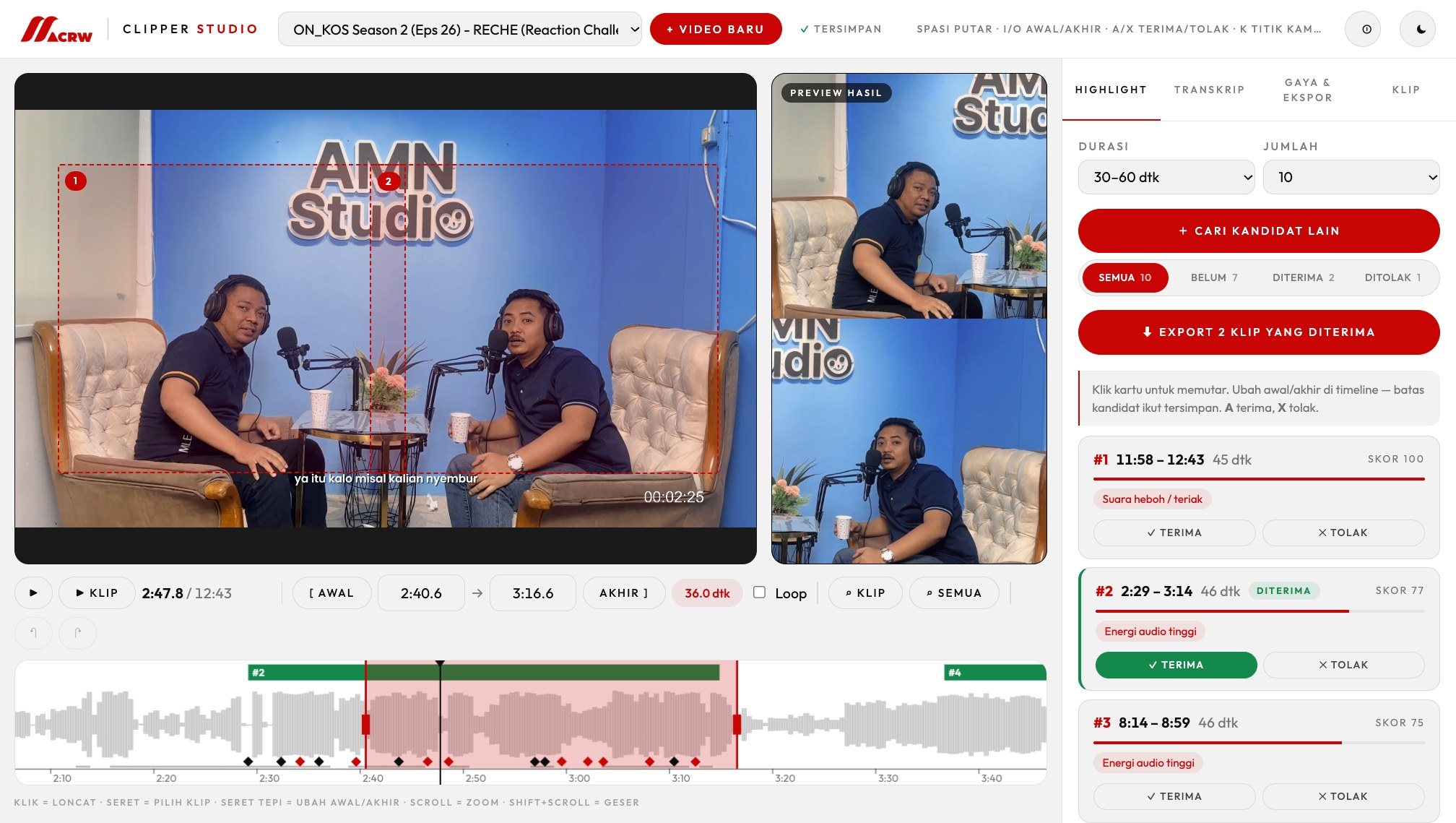 Clipper Studio editor: the source video with two framing boxes, a split-screen vertical preview, the timeline with highlight candidates, and the review list